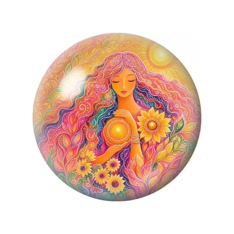 Cabochon en Verre Illustré Femme aux Tournesols 12 à 25mm