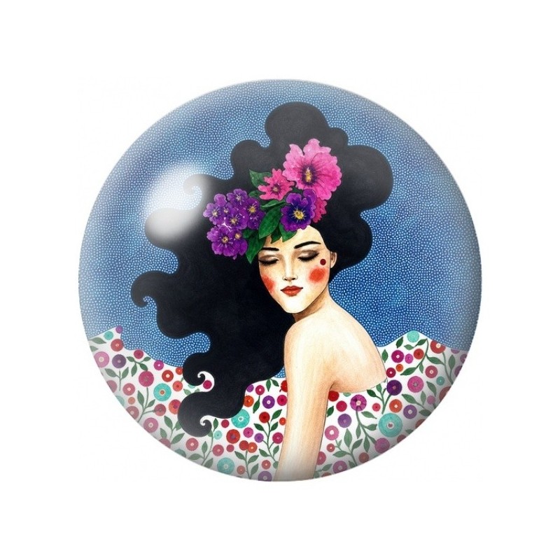 Cabochon en Verre Illustré Femme aux Fleurs Violettes 12 à 25mm