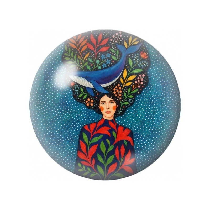 Cabochon en Verre Illustré Femme à l’Oiseau Bleu 12 à 25mm