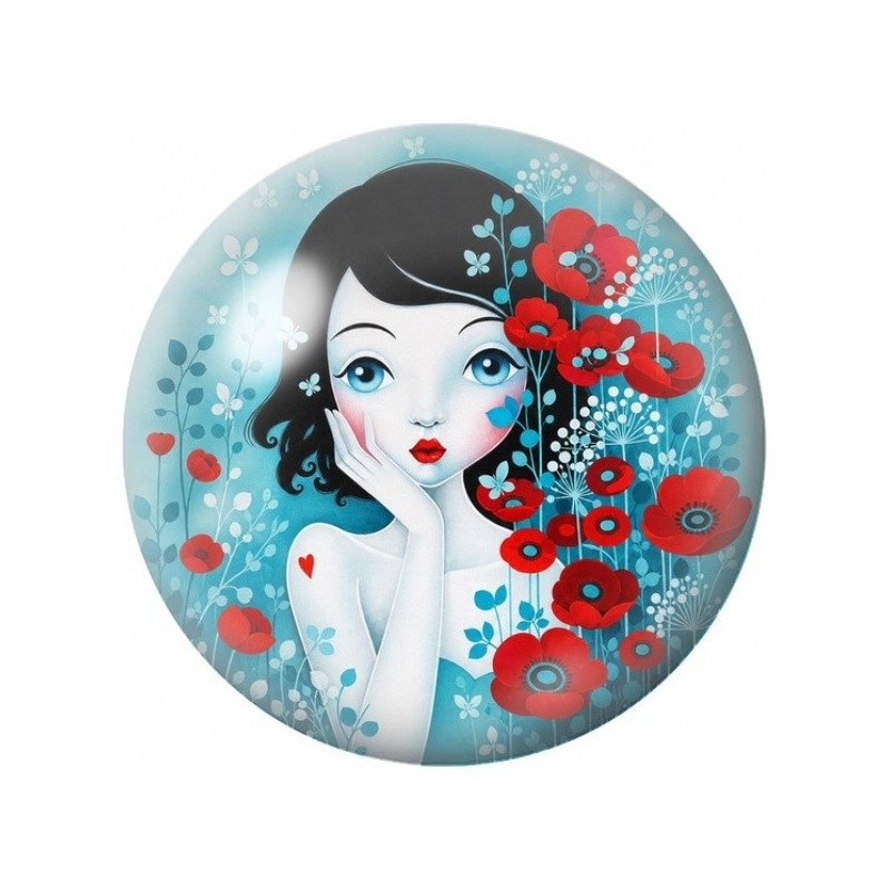 Cabochon en Verre Illustré Femme aux Coquelicots Rouges 12 à 25mm