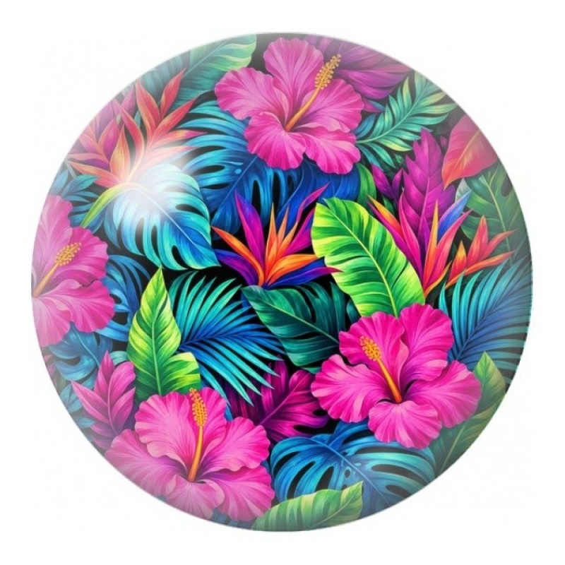 Cabochon en Verre Illustré Hibiscus et Feuilles Néon 12 à 25mm