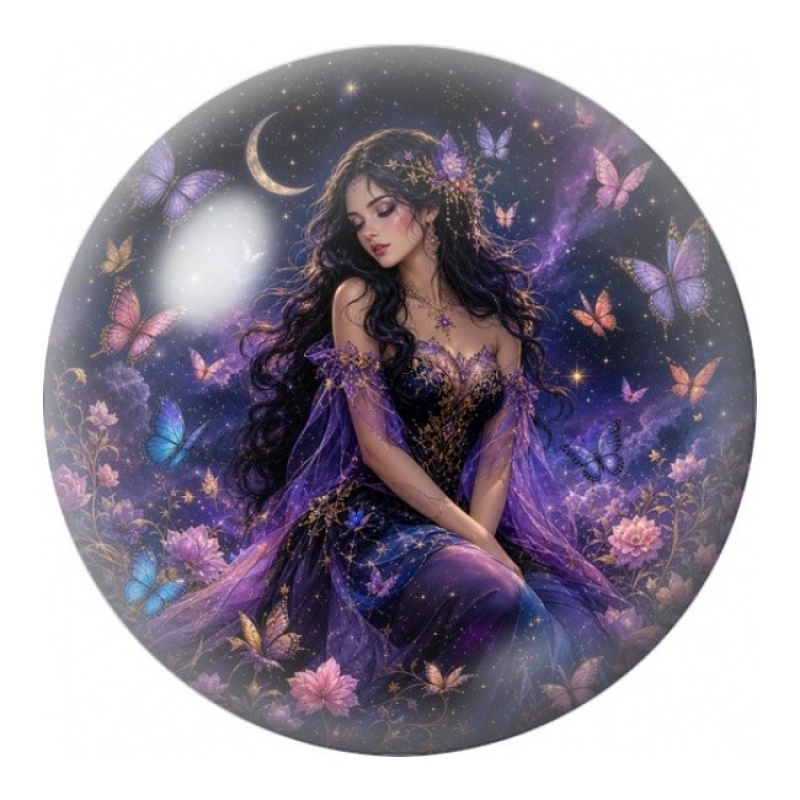 Cabochon en Verre Illustré Fée Violette aux Papillons 12 à 25mm