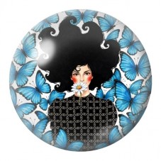 Cabochon en Verre Illustré Femme Afro aux Papillons Bleus 12 à 25mm pour la Création de Bijoux Fantaisie - DIY
