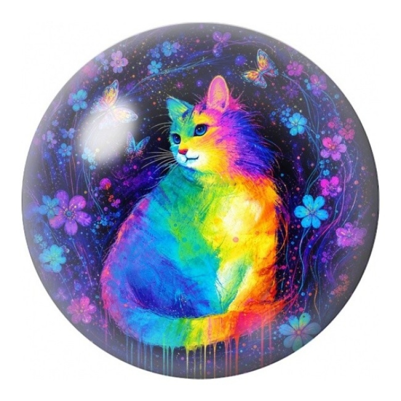 Cabochon en Verre Illustré Chat Arc-en-Ciel Fleuri 12 à 25mm
