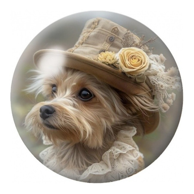 Cabochon en Verre Illustré Petit Chien au Chapeau Fleuri 12 à 25mm