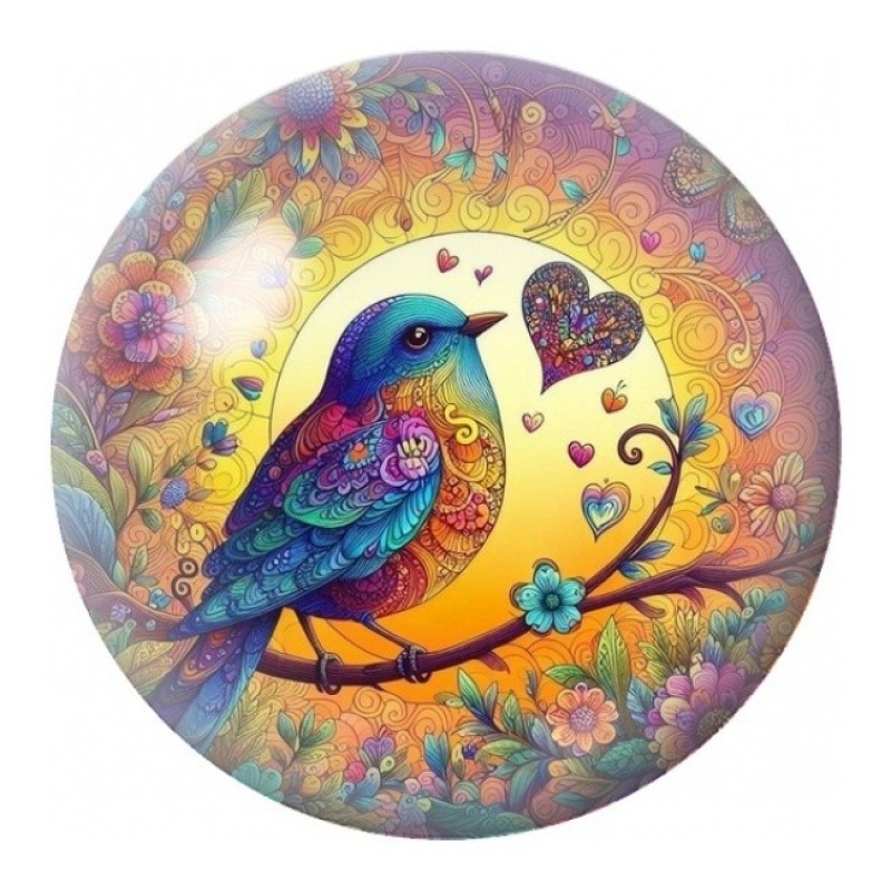 Cabochon en Verre Illustré Passereau Multicolore aux Cœurs 12 à 25mm