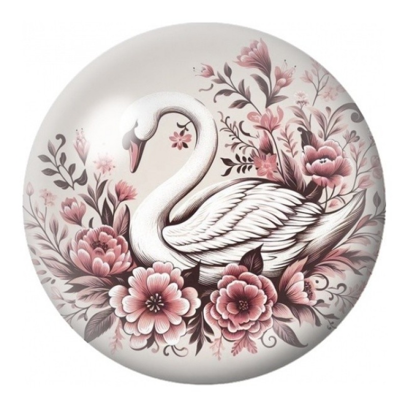 Cabochon en Verre Illustré Cygne aux Fleurs Roses 12 à 25mm
