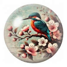 Cabochon en Verre Illustré Martin-Pêcheur aux Fleurs Roses 12 à 25mm pour la Création de Bijoux Fantaisie - DIY
