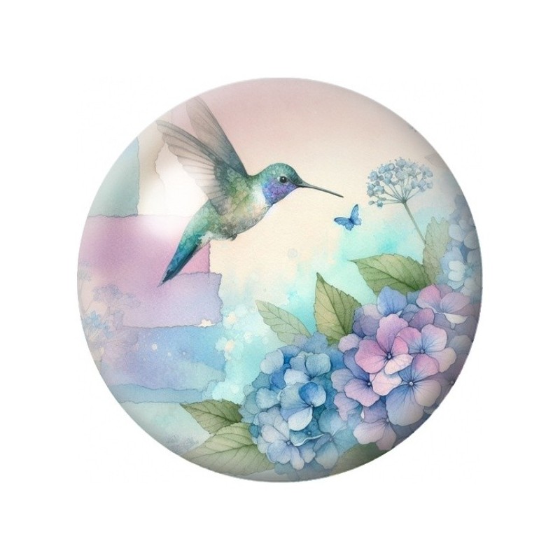 Cabochon en Verre Illustré Colibri aux Hortensias Pastel 12 à 25mm