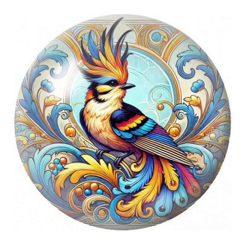 Cabochon en Verre Illustré Phénix aux Arabesques Dorées 12 à 25mm