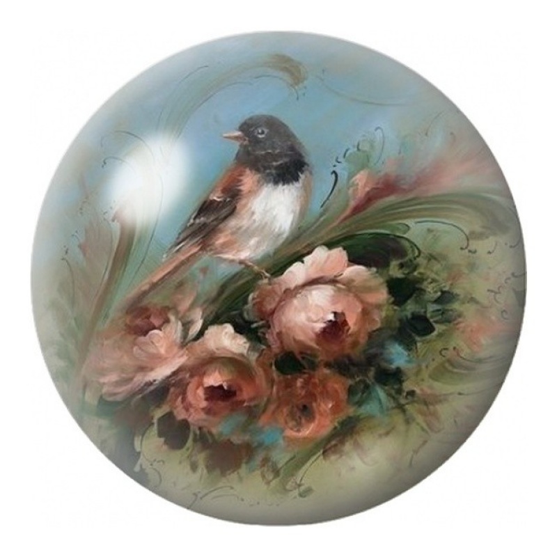 Cabochon en Verre Illustré Rouge-Gorge aux Fleurs Brunes 12 à 25mm