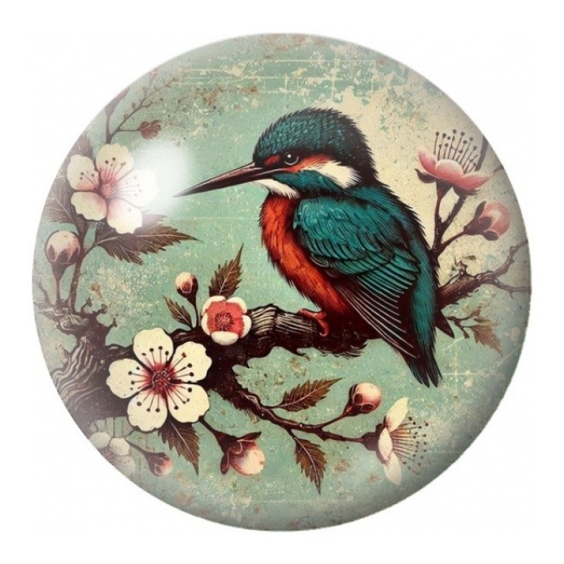 Cabochon en Verre Illustré Martin-Pêcheur aux Fleurs Blanches 12 à 25mm