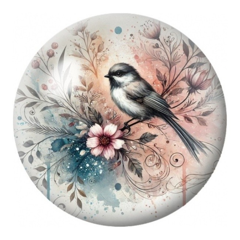Cabochon en Verre Illustré Mésange aux Feuillages Roses 12 à 25mm