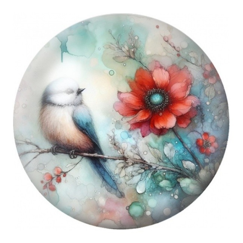 Cabochon en Verre Illustré Mésange à la Grande Fleur Rouge 12 à 25mm