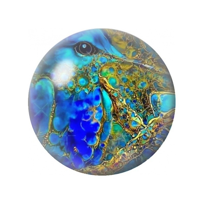 Cabochon en Verre Illustré Passereau Bleu aux Filigranes Dorés 12 à 25mm
