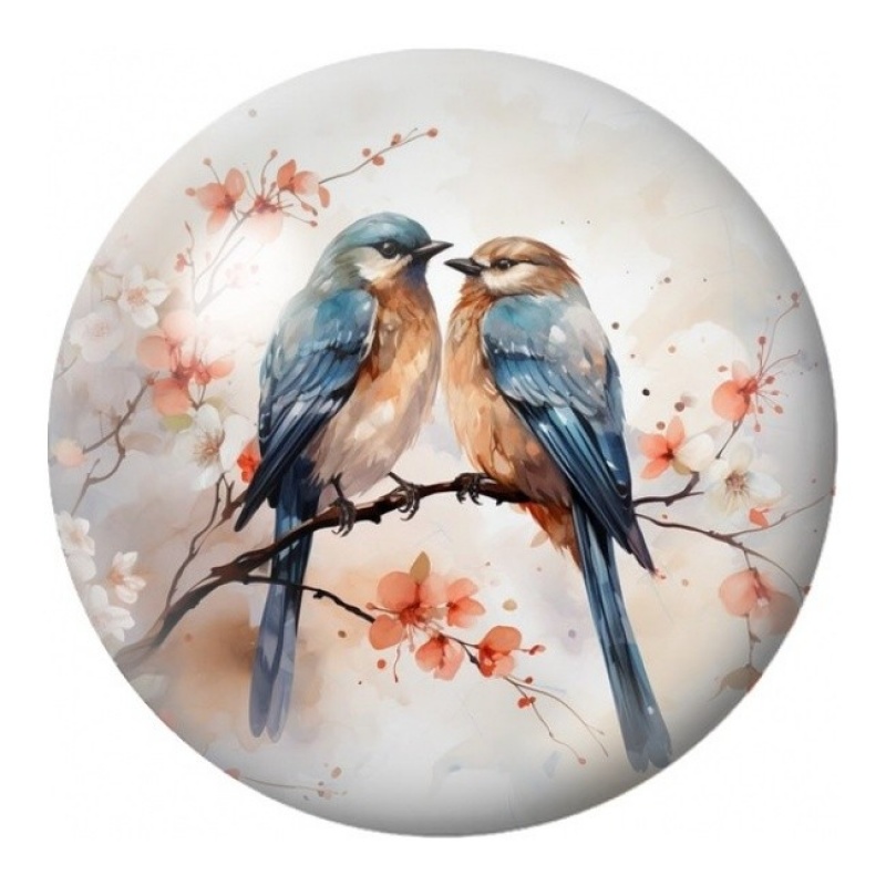 Cabochon en Verre Illustré Duo de Merles Bleus au Cerisier 12 à 25mm