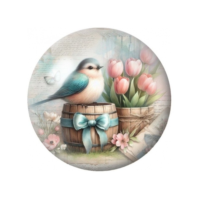 Cabochon en Verre Illustré Mésange Bleue aux Tulipes 12 à 25mm