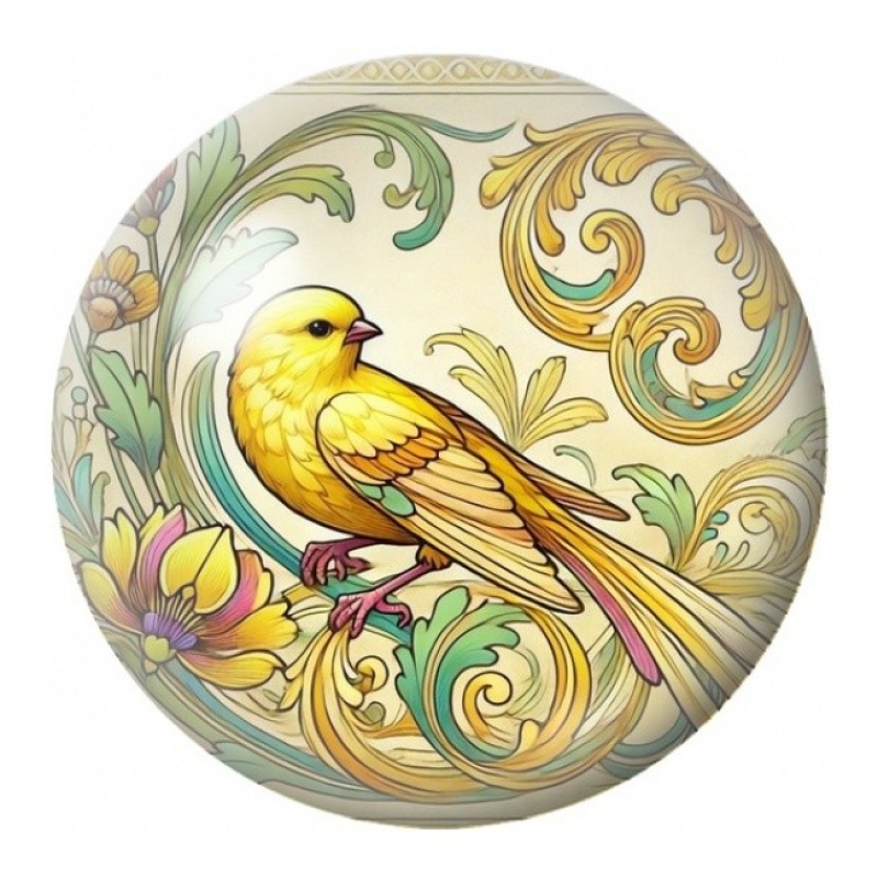Cabochon en Verre Illustré Canari aux Arabesques Dorées 12 à 25mm