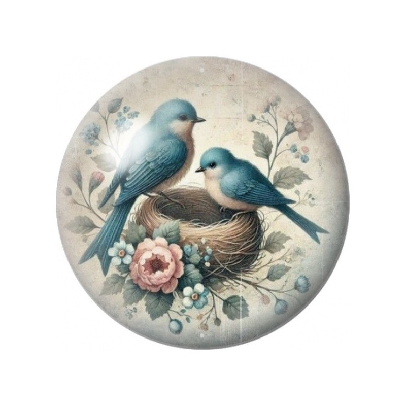 Cabochon en Verre Illustré Duo de Merles Bleus au Nid 12 à 25mm