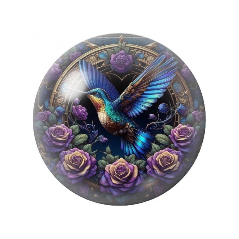 Cabochon en Verre Illustré Colibri Bleu aux Roses Violettes 12 à 25mm