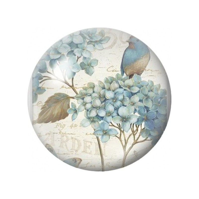 Cabochon en Verre Illustré Merle Bleu aux Hortensias 12 à 25mm