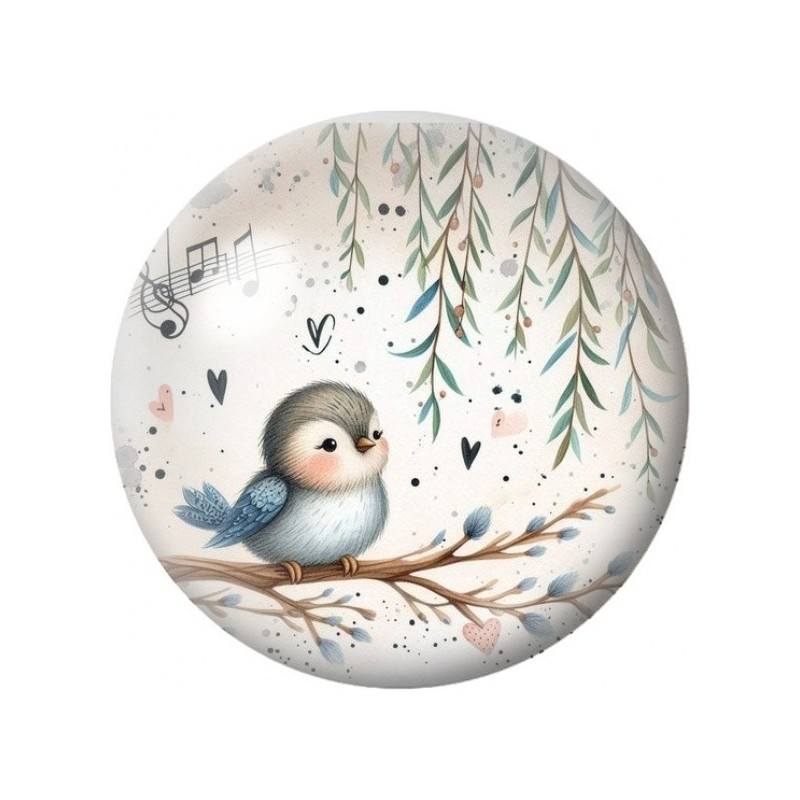 Cabochon en Verre Illustré Oisillon Musicien sous les Feuilles 12 à 25mm