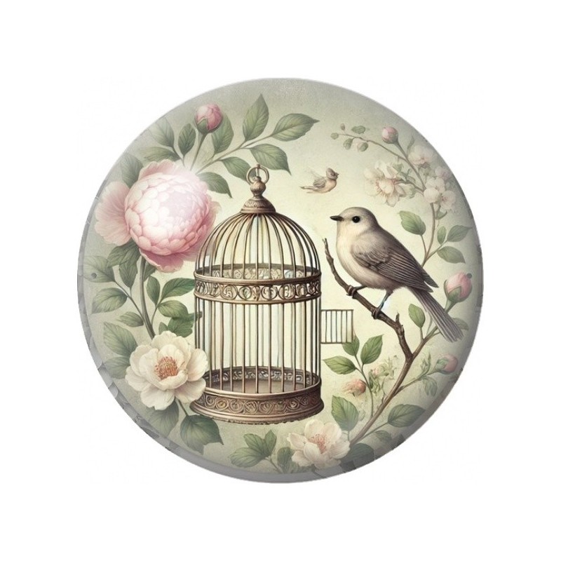 Cabochon en Verre Illustré Colombe près d’une Cage Fleurie 12 à 25mm