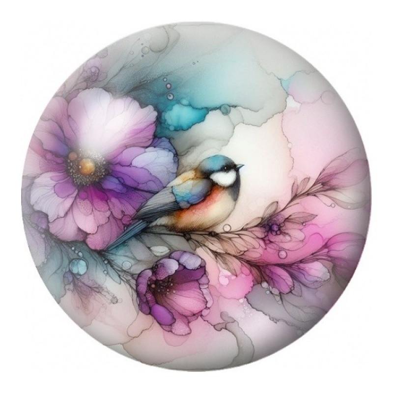 Cabochon en Verre Illustré Mésange aux Fleurs Mauves 12 à 25mm