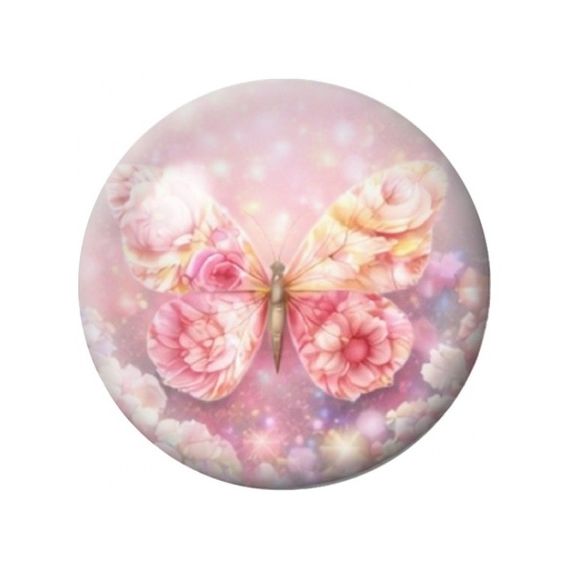 Cabochon en Verre Illustré Papillon aux Pivoines Roses 12 à 25mm