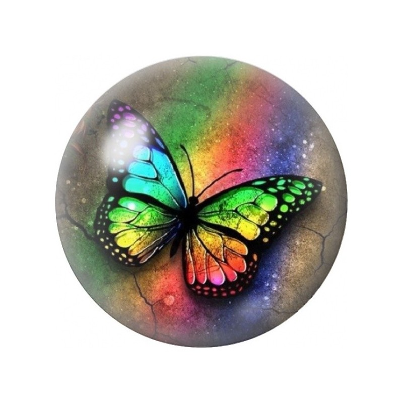 Cabochon en Verre Illustré Papillon Arc-en-Ciel sur Fond Sombre 12 à 25mm