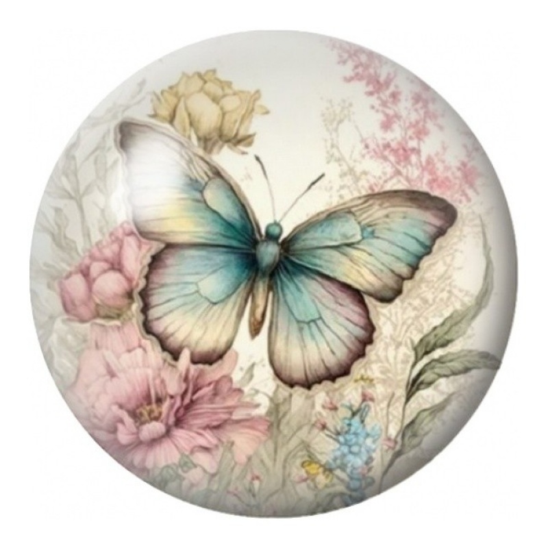 Cabochon en Verre Illustré Papillon Menthe aux Fleurs 12 à 25mm