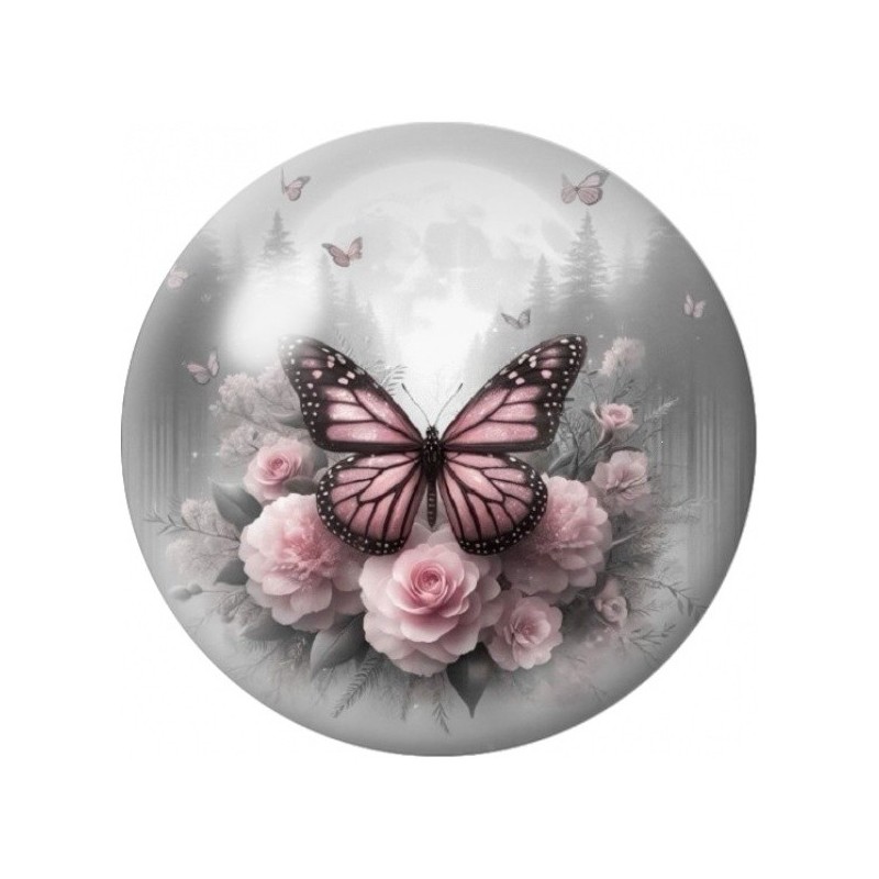 Cabochon en Verre Illustré Papillon Rose en Grisaille 12 à 25mm