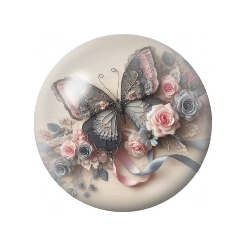 Cabochon en Verre Illustré Papillon au Bouquet de Roses 12 à 25mm