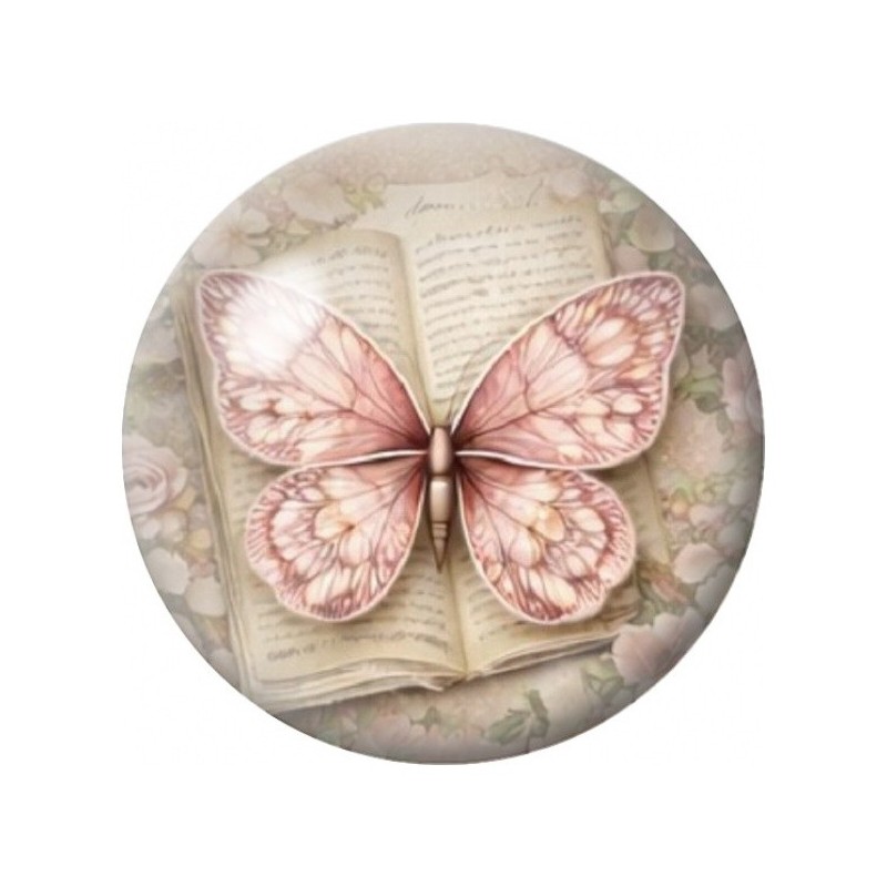 Cabochon en Verre Illustré Papillon Rose sur Livre Ancien 12 à 25mm