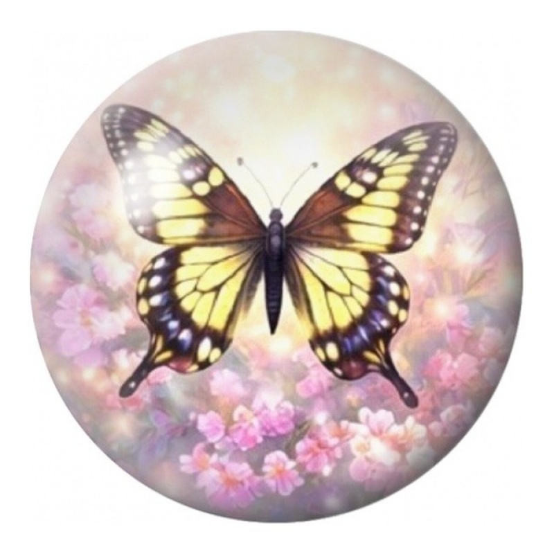 Cabochon en Verre Illustré Papillon Jaune aux Fleurs 12 à 25mm