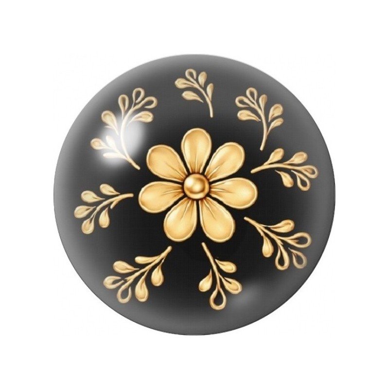 Cabochon en Verre Illustré Fleur Dorée sur Fond Noir 12 à 25mm