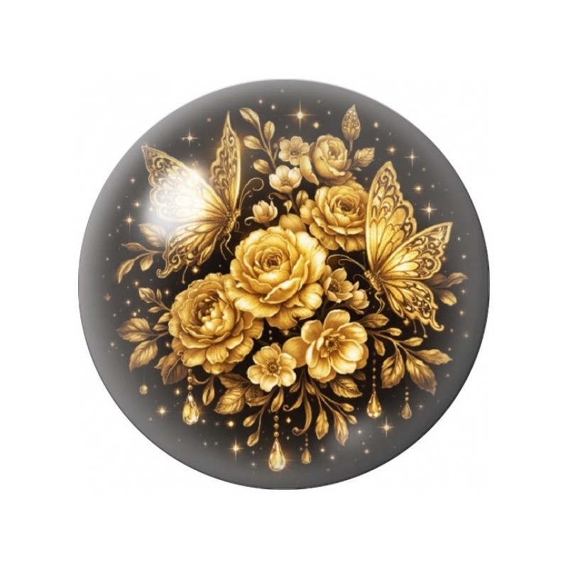 Cabochon en Verre Illustré Bouquet Doré aux Papillons 12 à 25mm