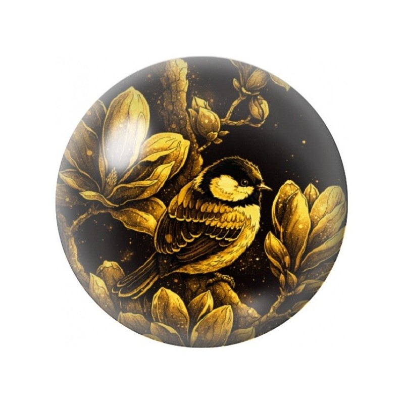 Cabochon en Verre Illustré Oiseau aux Magnolias Dorés 12 à 25mm