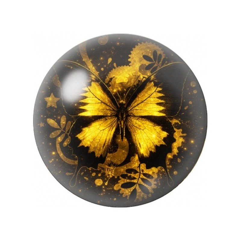 Cabochon en Verre Illustré Papillon d’Or Fleuri 12 à 25mm