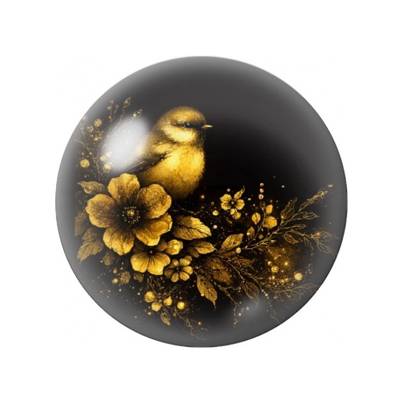 Cabochon en Verre Illustré Oisillon aux Fleurs Dorées 12 à 25mm