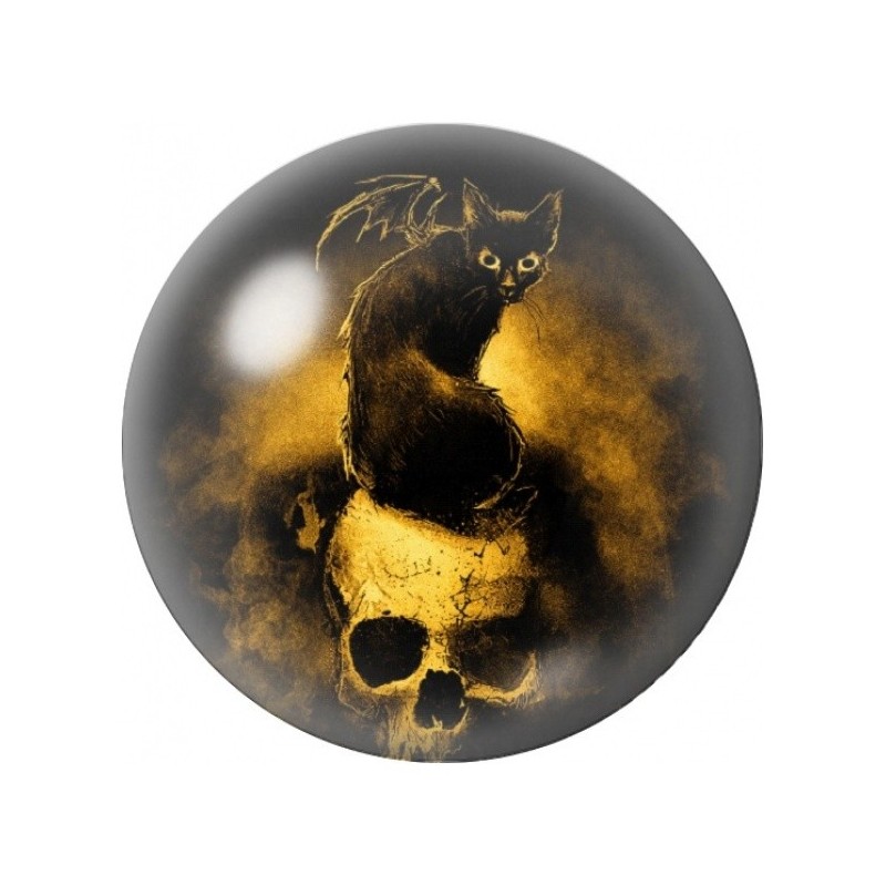 Cabochon en Verre Illustré Chat Noir sur Crâne Doré 12 à 25mm