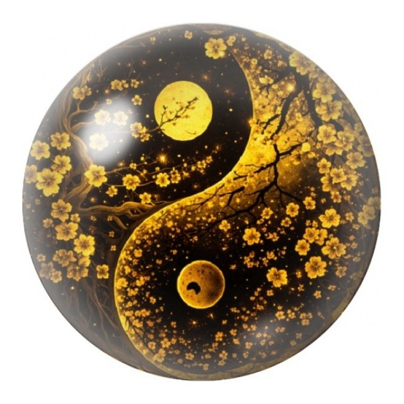 Cabochon en Verre Illustré Yin-Yang Céleste Doré 12 à 25mm