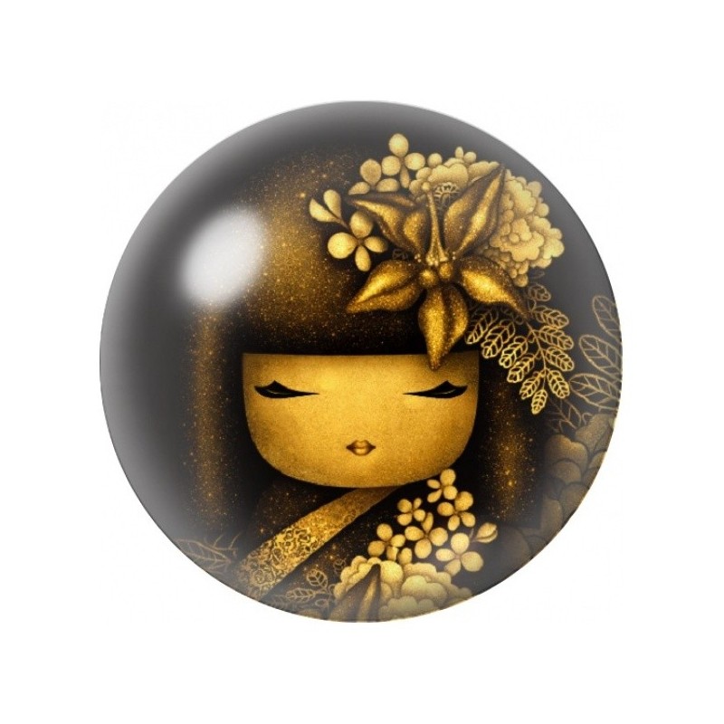 Cabochon en Verre Illustré Kokeshi Noire et Or 12 à 25mm