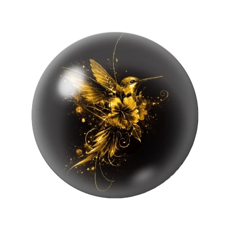 Cabochon en Verre Illustré Colibri aux Fleurs Dorées 12 à 25mm
