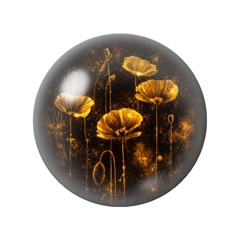 Cabochon en Verre Illustré Coquelicots Dorés 12 à 25mm