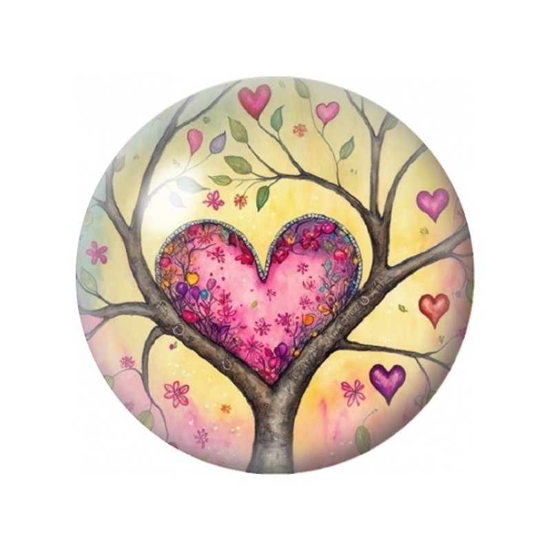 Cabochon en Verre Illustré Arbre au Cœur Fleuri 12 à 25mm