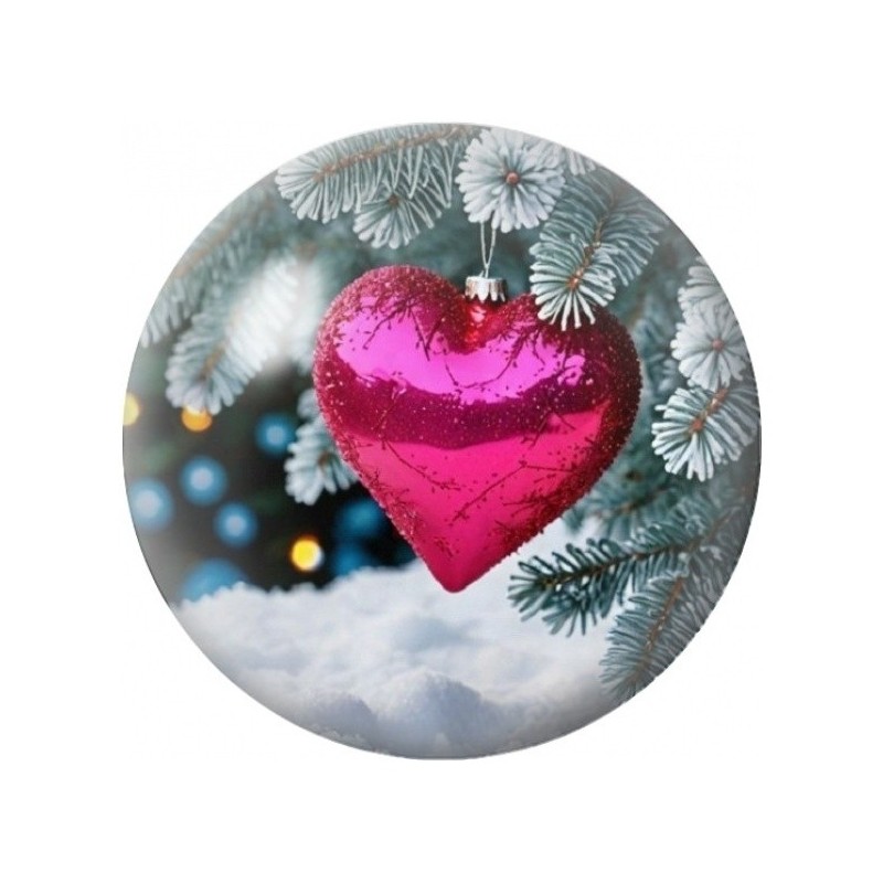 Cabochon en Verre Illustré Boule de Noël Cœur Rose 12 à 25mm