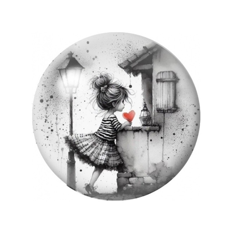 Cabochon en Verre Illustré Petite Fille au Cœur dans la Rue 12 à 25mm