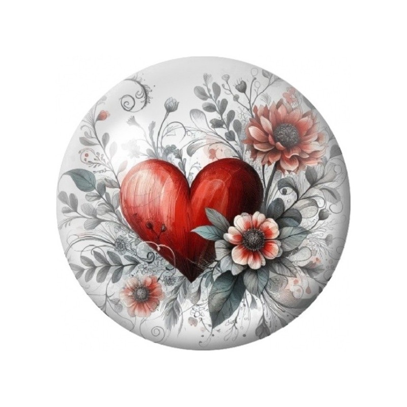 Cabochon en Verre Illustré Cœur Rouge aux Fleurs Grises 12 à 25mm
