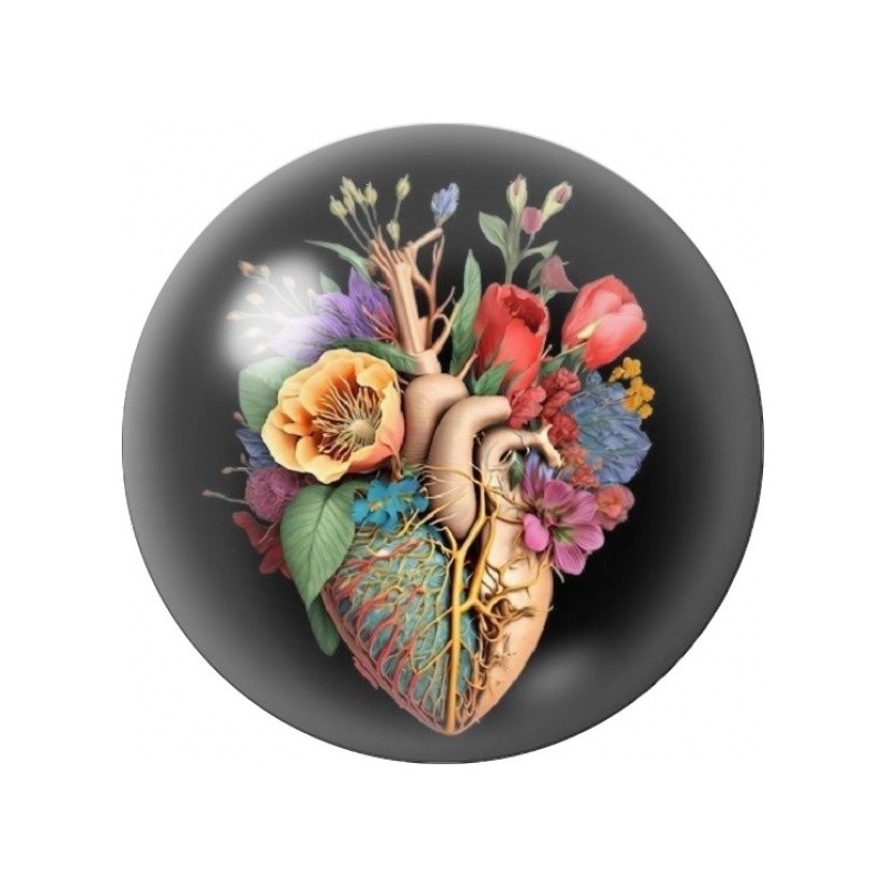 Cabochon en Verre Illustré Cœur Anatomique Fleuri 12 à 25mm